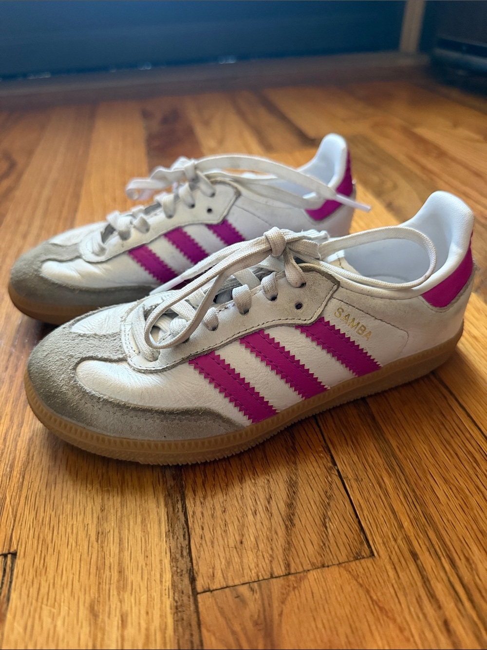 adidas Originals Kids Samba Sneakers White with Pink Stripes and Gum Sole - Picture 5 of 9